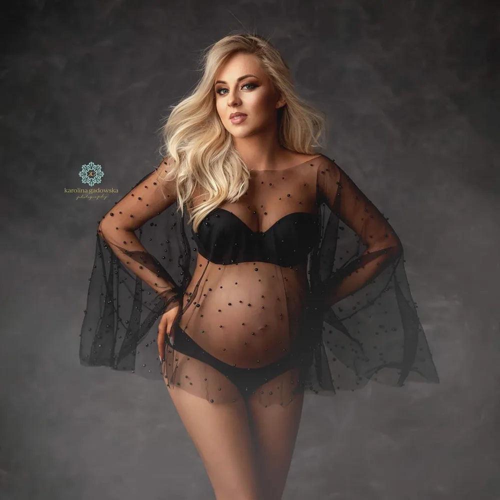 Pearl Tulle Maternity Photography Cape Boat Neck Transparent Tulle Pearls Pregnancy Photo Shoot Short Cape-THAT FASHION STORE