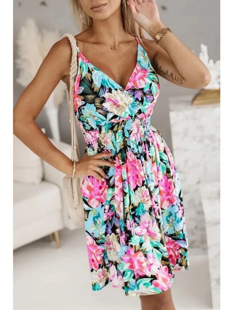 New Fashion Women's Summer Wrap Pleated Dresses Ladies Floral Print Sexy Spaghetti Strap Sling DressBeach Dress A Line Sundress-THAT FASHION STORE