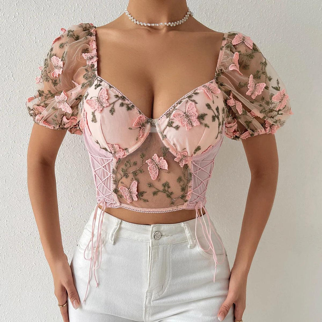 Women Floral Lace Short Sleeve Crop Top Sexy Square Neck Backless Mesh Tights T-Shirts-THAT FASHION STORE