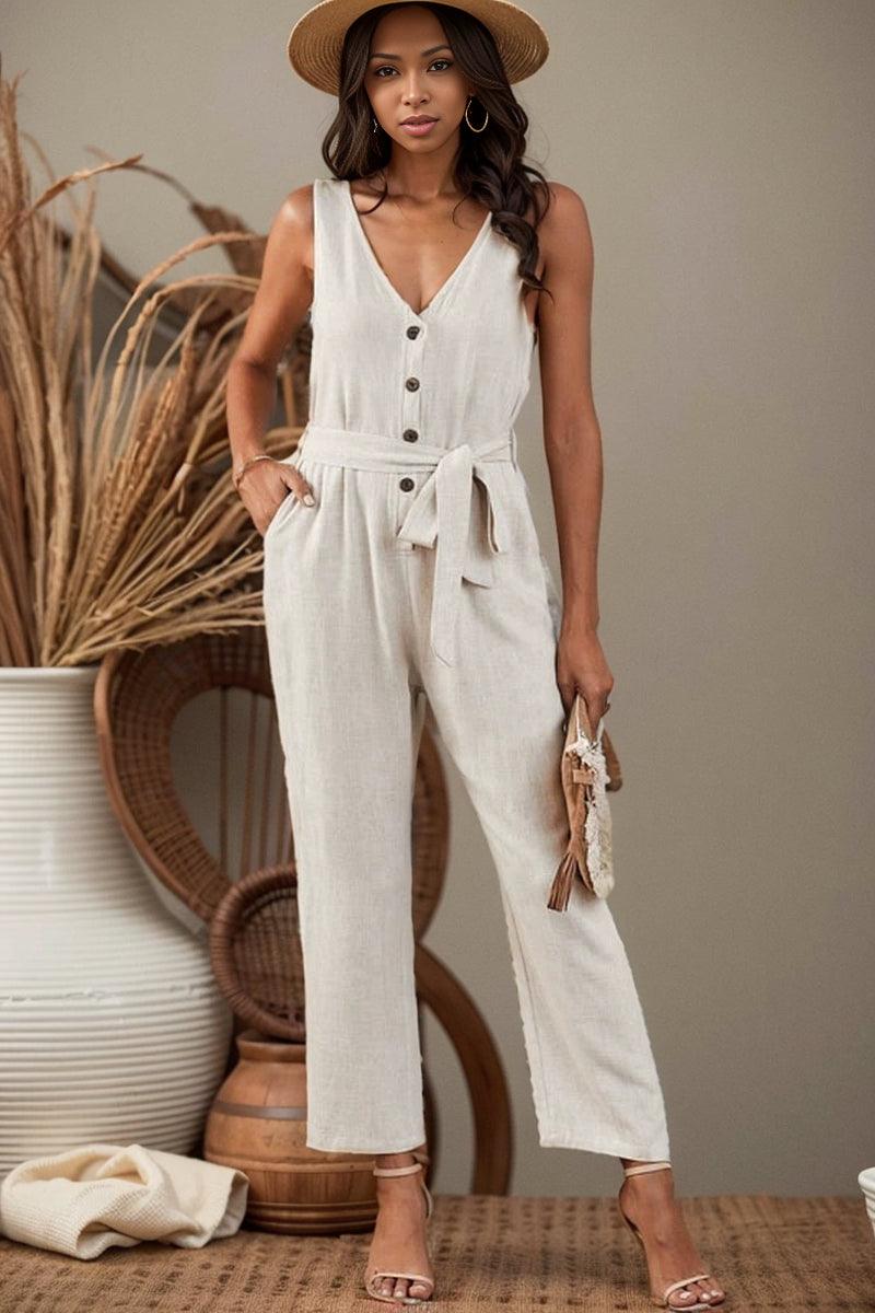 Lace-up Waist-Controlled Solid Color European and American Deep V-neck Slim-Fit Jumpsuit-THAT FASHION STORE