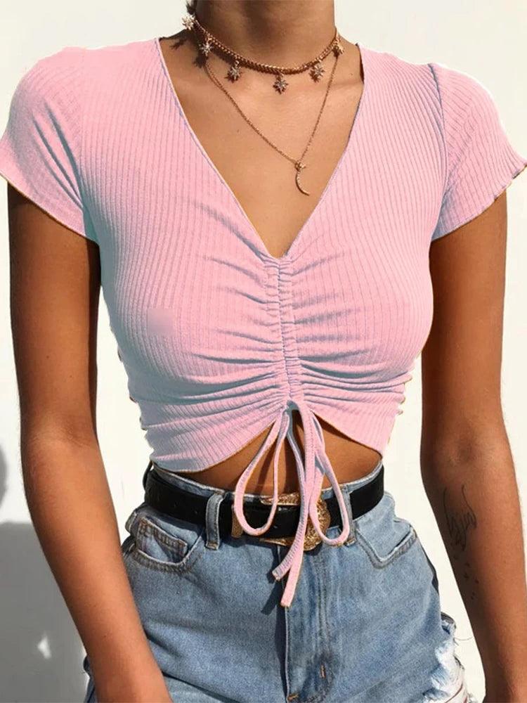 Sexy V Neck Cropped Tank Tops Women Drawstring Tie Up Front Camis Candy Colors Streetwear Slim Fit Ribbed Crop Top-THAT FASHION STORE