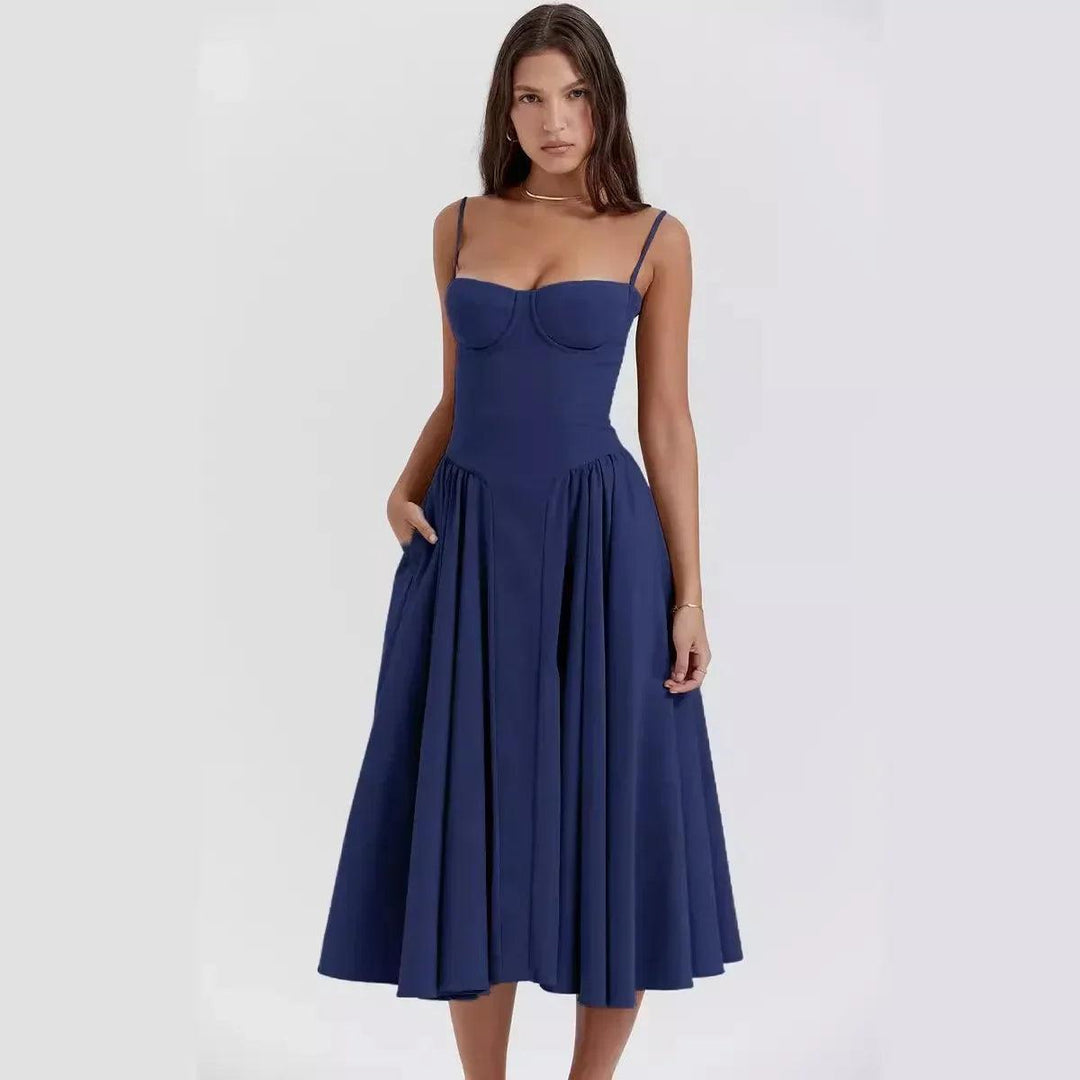 Elegant Women Solid Sling Long Pleated Dress Chic Sleeveless Backless A-line Dresses 2024 Summer Party Club Date Evening Robes-THAT FASHION STORE