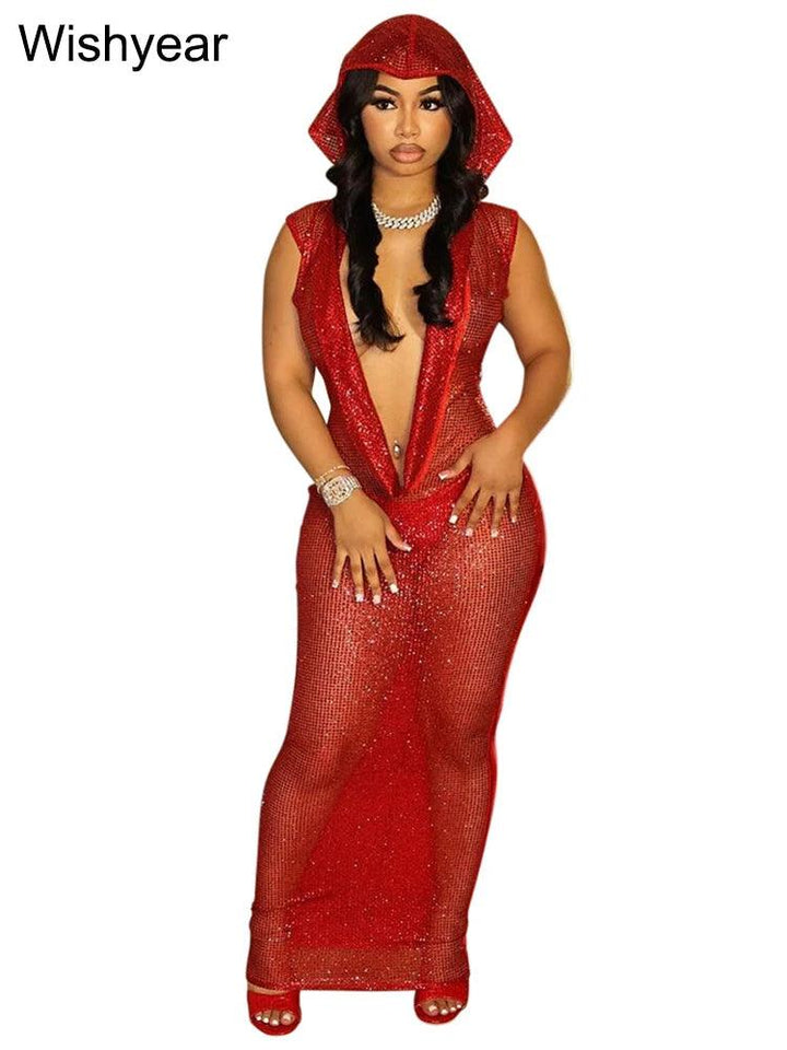 New Luxury Birthday Red Hooded Dress for Women Sexy Deep V Neck Sequins Glitter Mesh See Through Back Open Sparkly Evening Robe-THAT FASHION STORE