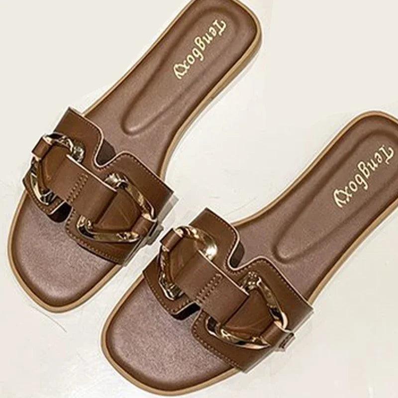 Women Metal Decor Single Band Flat Sandals Fashion Sexy Open Toe Outdoors Slides Luxurious Office Ladies Party Female Shoes-THAT FASHION STORE