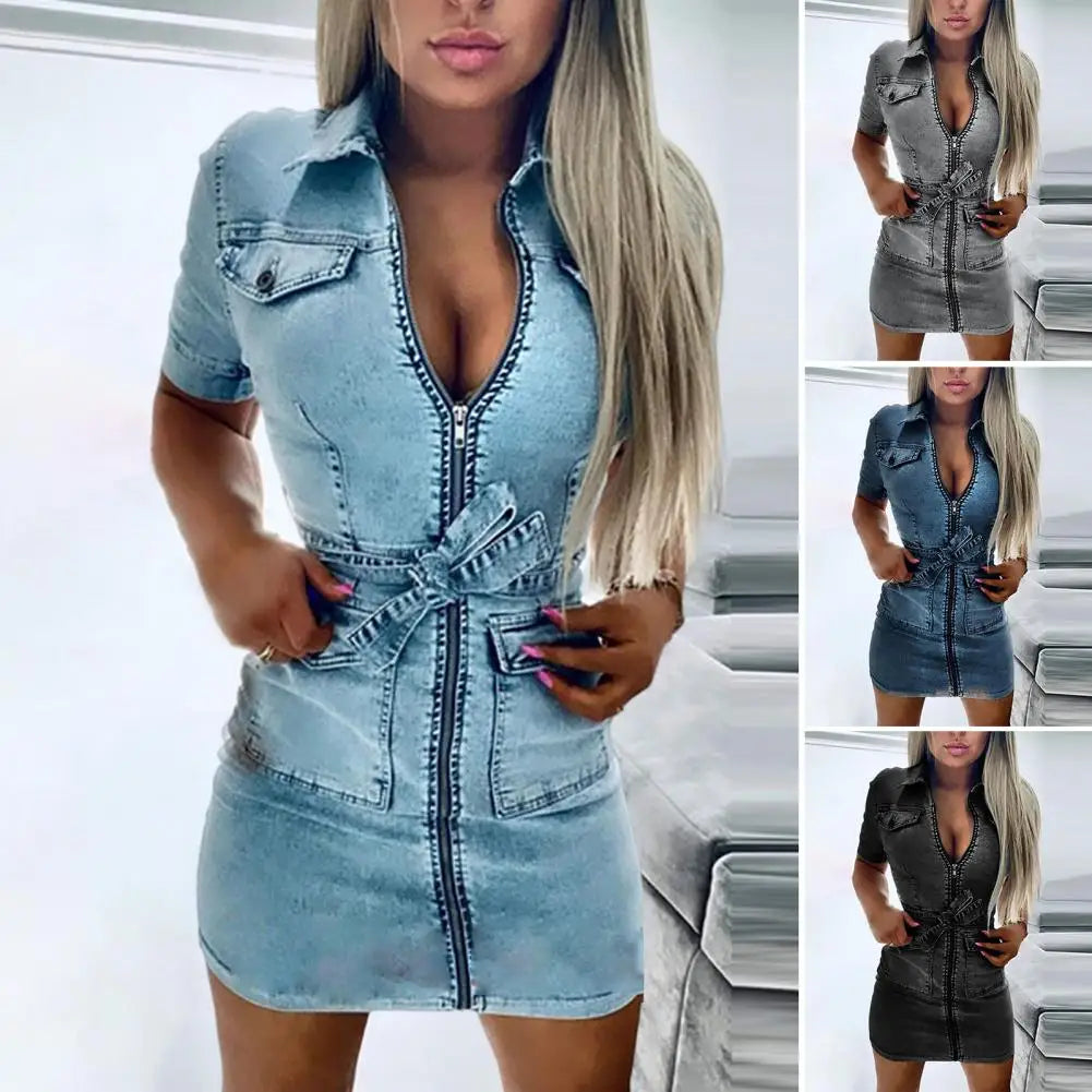 Summer V Neck Denim Mini Dress for Women - Sexy Short Sleeve Slim-Fit Casual Zipper Dress - THAT FASHION STORE