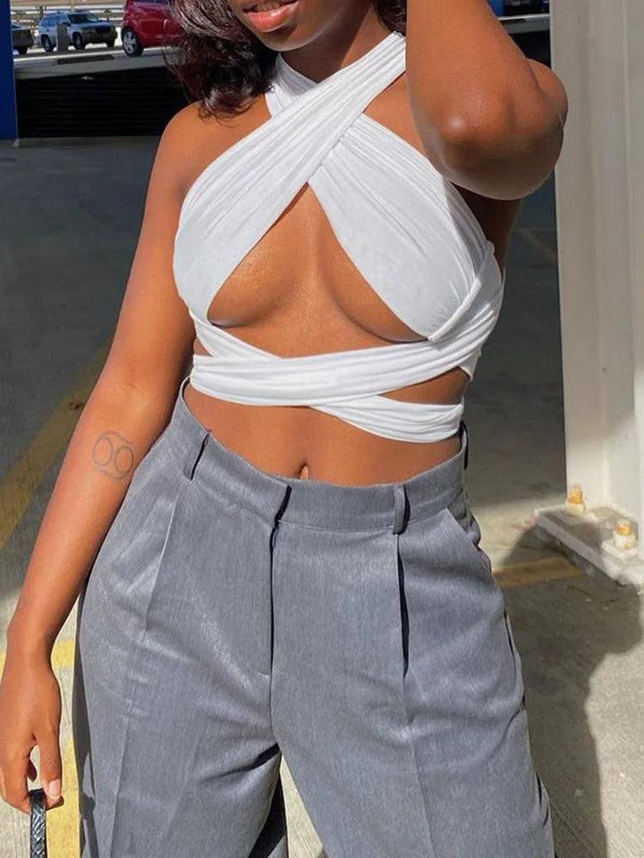 Women Strappy Cross Over Front Cut Out Halter Neck Sleeveless Backless Wrap Crop Top Bandage Vest Summer Sexy Tops Woman Clothes-THAT FASHION STORE