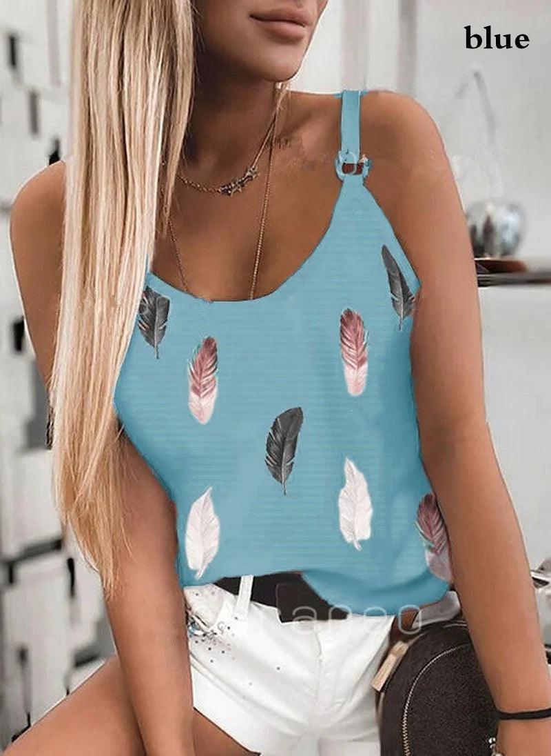 2022 Summer Women Wear New Pattern Fashion T-Shirt Summer Casual Feather Print Sleeveless Tank Tops Camisole Coat-THAT FASHION STORE