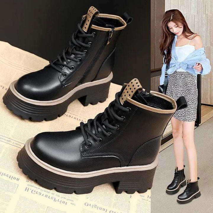 Women Shoes Boots Ankle 2022 New Autumn British Wind Genuine Leather Thick With Fur Ladies Short Boots Motorcycle heels boots-THAT FASHION STORE