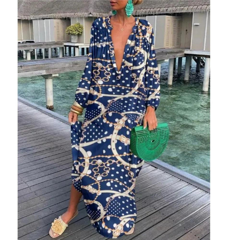 Elegant Women's Dresses 2023 Summer Casual Fashion Print V-Neck Loose Retro Comfortable Maxi Dress Female Robe S-XXXL-THAT FASHION STORE