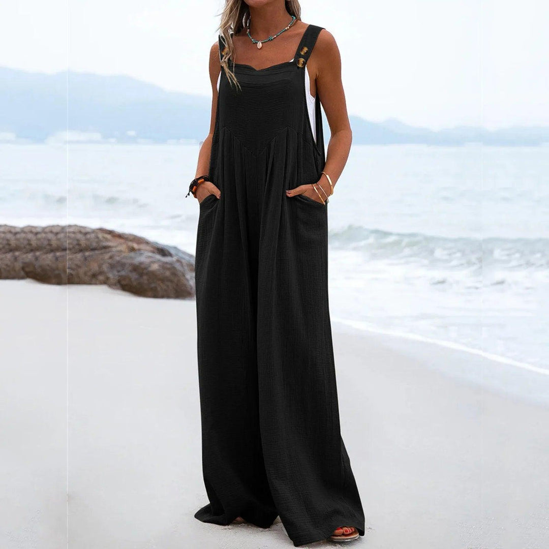 Women Rompers Cotton Linen Loose Jumpsuit Women Casual Solid Color Wide-Leg Pants Button Strap Romper Holiday Beach Overalls-THAT FASHION STORE