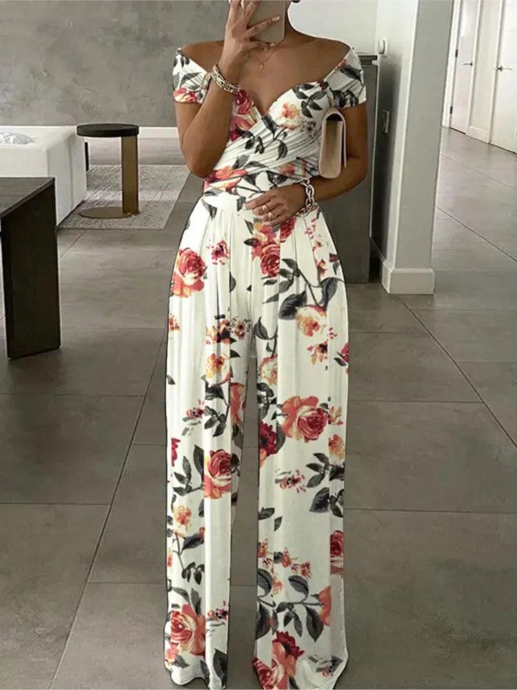 Summer New Printed One Shoulder Jumpsuits Women 2023 High Waist Short Sleeves Wide Leg Long Pants Slim Jumpsuit Ladies Commuting-THAT FASHION STORE