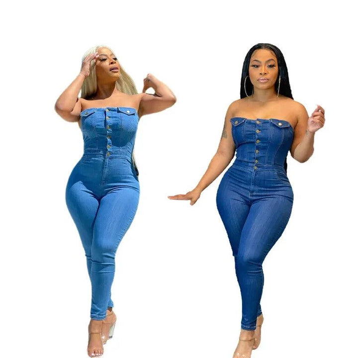 Women 2023 Autumn One Piece Sleeveless Slim Strapless Denim Jumpsuits Tight High Waist Sheath Overalls Long Pants Rompers-THAT FASHION STORE