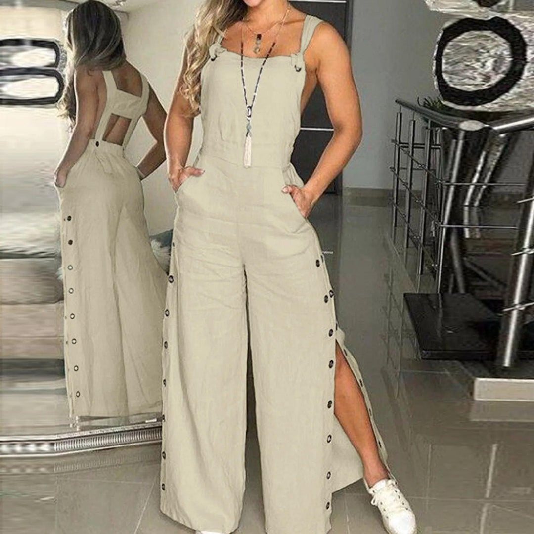 Women's Summer Sleeveless Twisted Knot Cotton Linen Strappy Jumpsuit Side Button Opening Loose Long Pants Women Playsuit Overall-THAT FASHION STORE