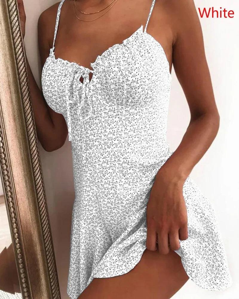 2023 Women Summer Spaghetti Strap Floral Print Tie Front Mini Dress Sexy Dress-THAT FASHION STORE