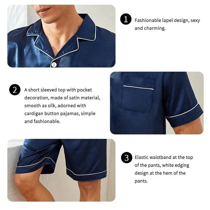 New Men's Satin Pajama Set For Summer Casual Pijama Button Down Pocket Short Sleeve Shirt With Shorts Loungewear Sleepwear Set-THAT FASHION STORE