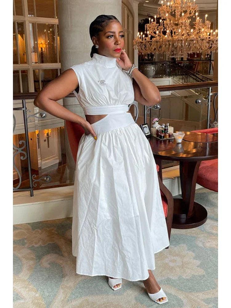 Summer Dresses 2024 Mock Neck Sleeveless Cutout White Maxi Dresses A-Line Elegant Pockets Casual Party Hollow Out Long Dress-THAT FASHION STORE