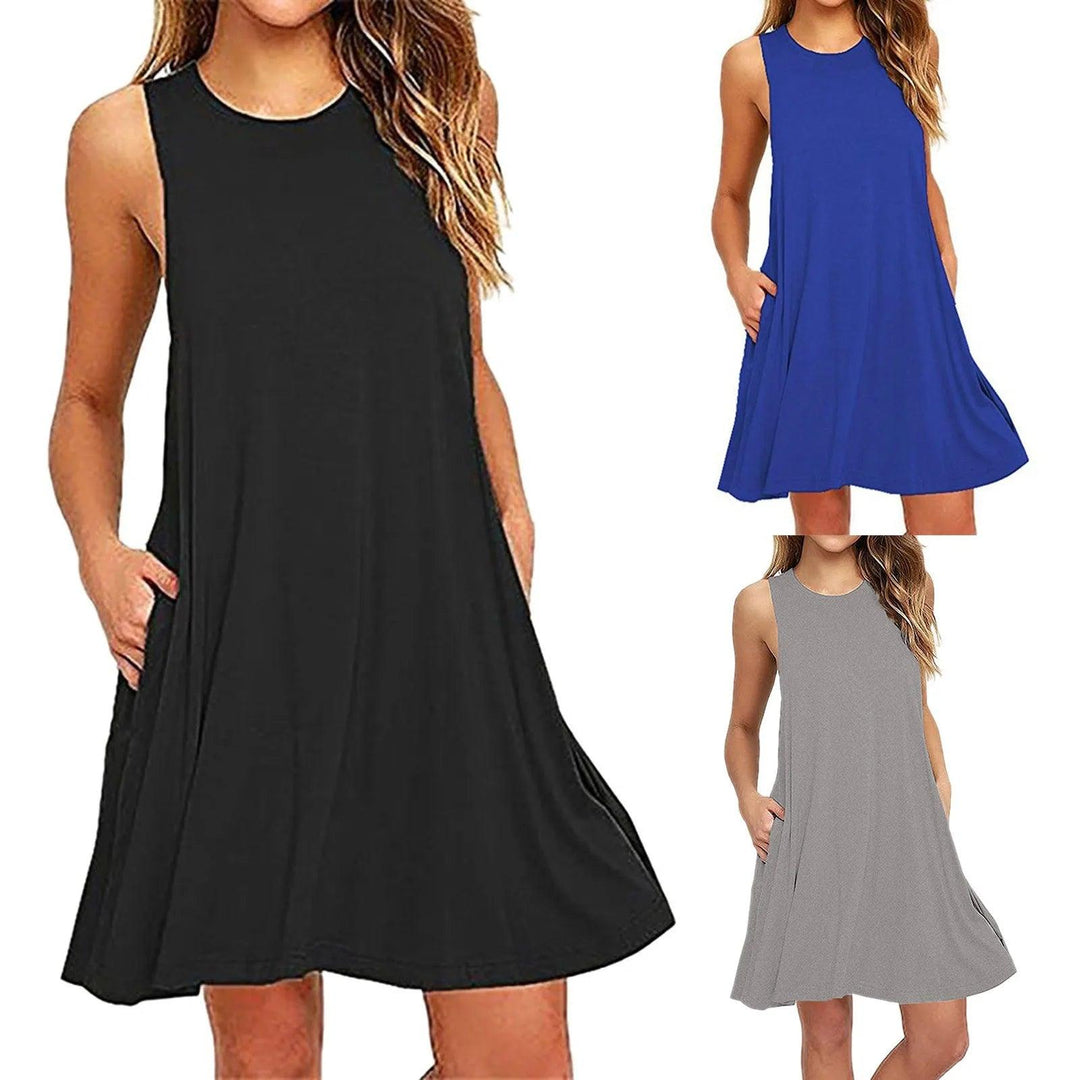 Women's Dress Summer Casual T Shirt Dresses Beach Cover up Plain Pleated Tank Pockets Dress-THAT FASHION STORE