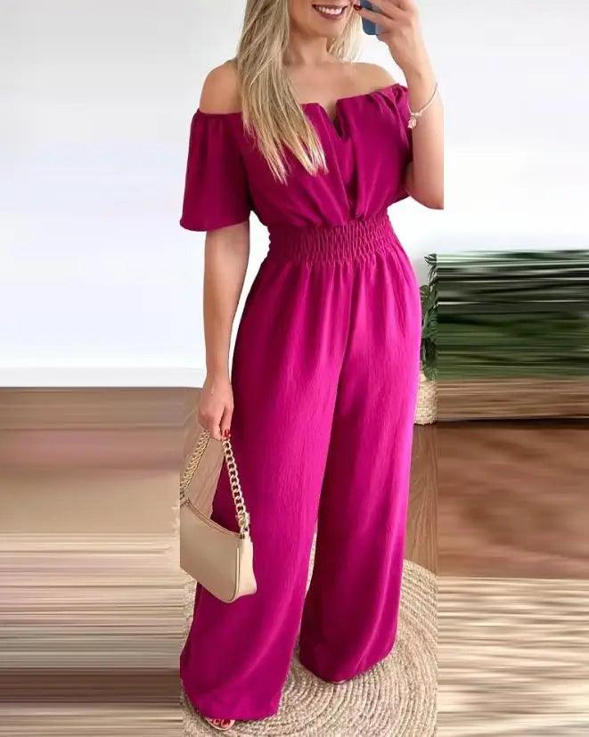 Jumpsuits for Women 2023 Spring Fashion Off Shoulder Casual Plain Short Sleeve Shirred Waist Daily Long Wide Leg Jumpsuit 2024-THAT FASHION STORE