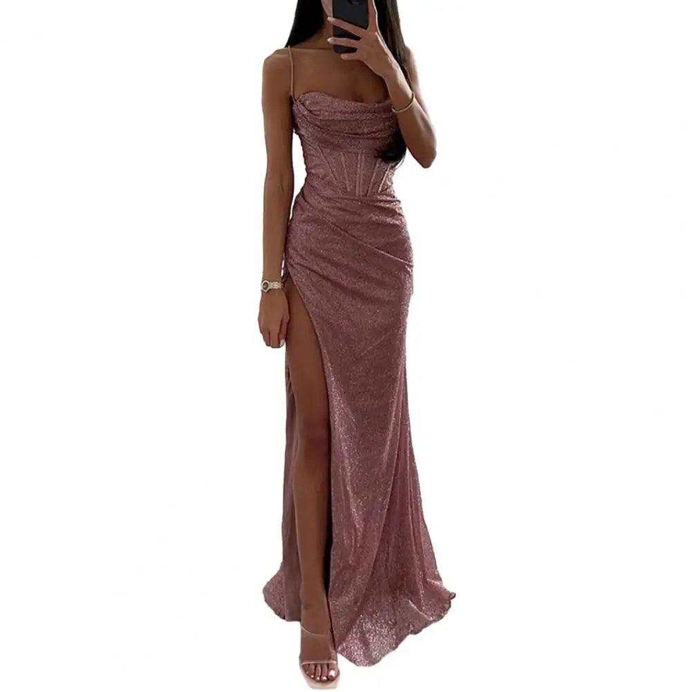 Women Evening Dress Spaghetti Strap Shiny Sequin Sleeveless Off Shoulder Dress Loose High Waist Floor Length Lady Prom Dress-THAT FASHION STORE