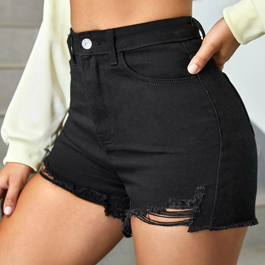 High Waisted Distressed Denim Shorts Ripped Hem Womens Short Jeans Summer Black Hot Pants Female Button Pockets Shorts Mujer-THAT FASHION STORE