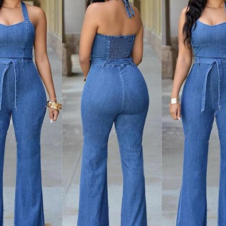 Women One Piece Solid Denim Jumpsuits Sleeveless V Neck Rompers Wide Leg Long Pants Overalls Sexy Slim Fit Hight Waist 2024-THAT FASHION STORE