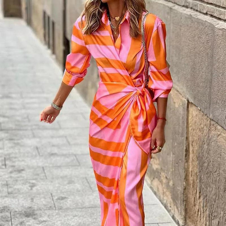 Fashion Printed Shirts Dresses Women Turn-down Collar Leace-up Bodycon Midi Dress Lady Temperament Commuting Chic Slim Vestidos-THAT FASHION STORE