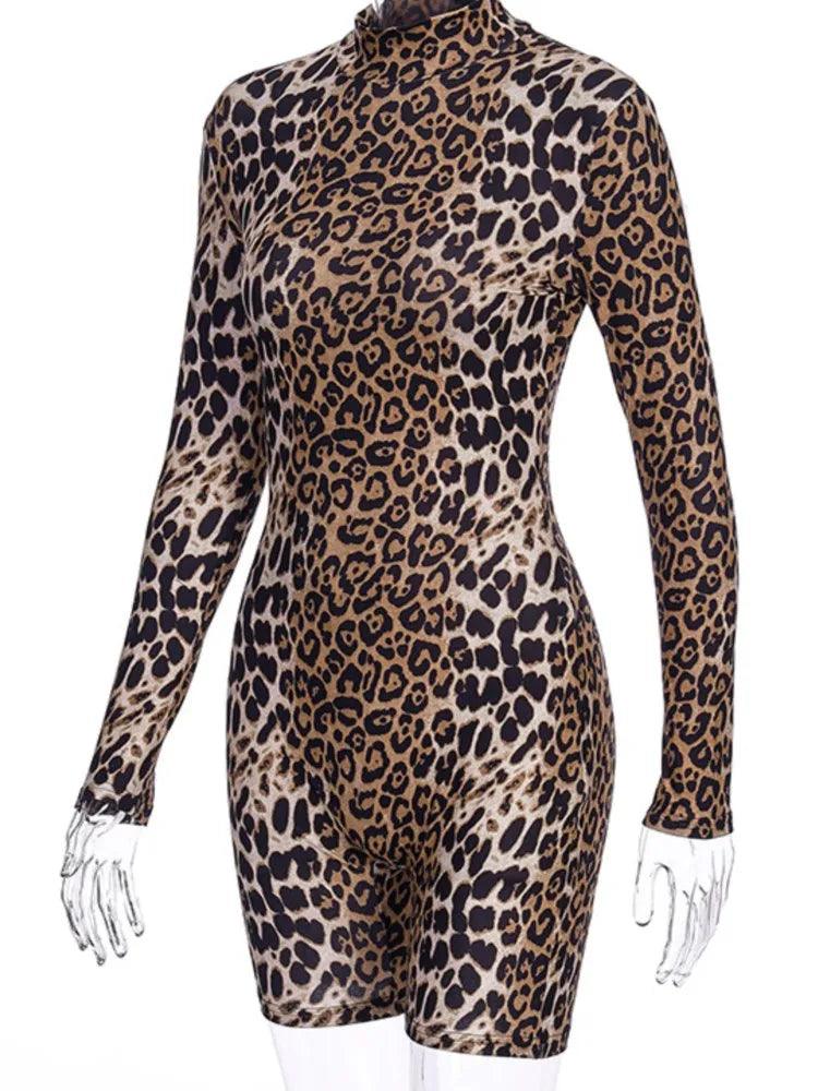 Artsu Tiger Print Sexy Romper Shorts Long Sleeve Lace Up Fitness Activewear Summer Women Elastic Playsuits New Autumn-THAT FASHION STORE