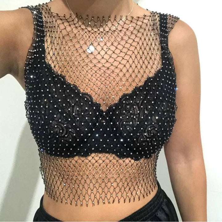 Crystal Beading Shiny Tanks Summer Girls Party Club Sexy Hollow Out Rhinestones Camis Winky Cropped Navel Sleeveless Vest-THAT FASHION STORE