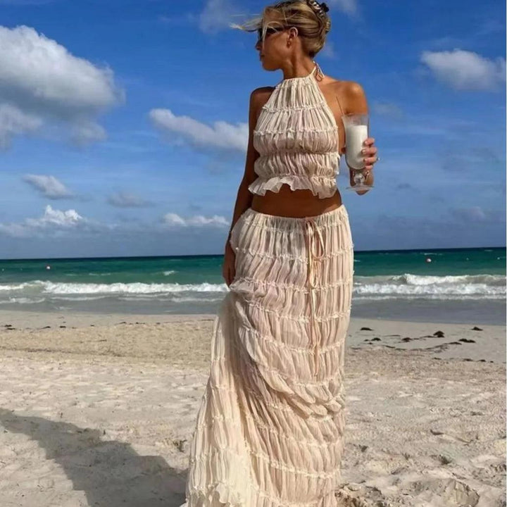 Fashion Halter Neck Long Skirt Suit Women Backless Sling Top Lace Up Fold Maxi Skirts 2024 New Summer Female 2 Piece Set Outfits-THAT FASHION STORE