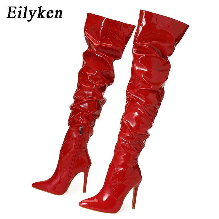 Eilyken Red Women Over The Knee Boots High Heels Patent Leather Solid Pointed Toe Stiletto Side Zipper Sapatos Femininos-THAT FASHION STORE