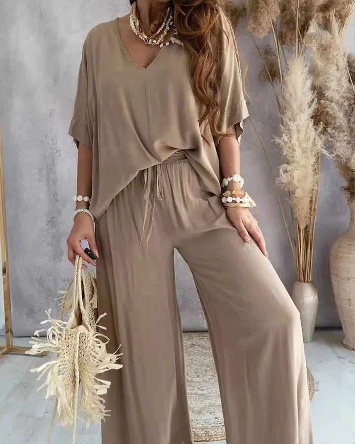 2024 Summer Pant Sets two piece sets For Women V neck Bat Sleeve Casual Loose Wide-leg Pants 2 piece set solid homewear Outfits-THAT FASHION STORE