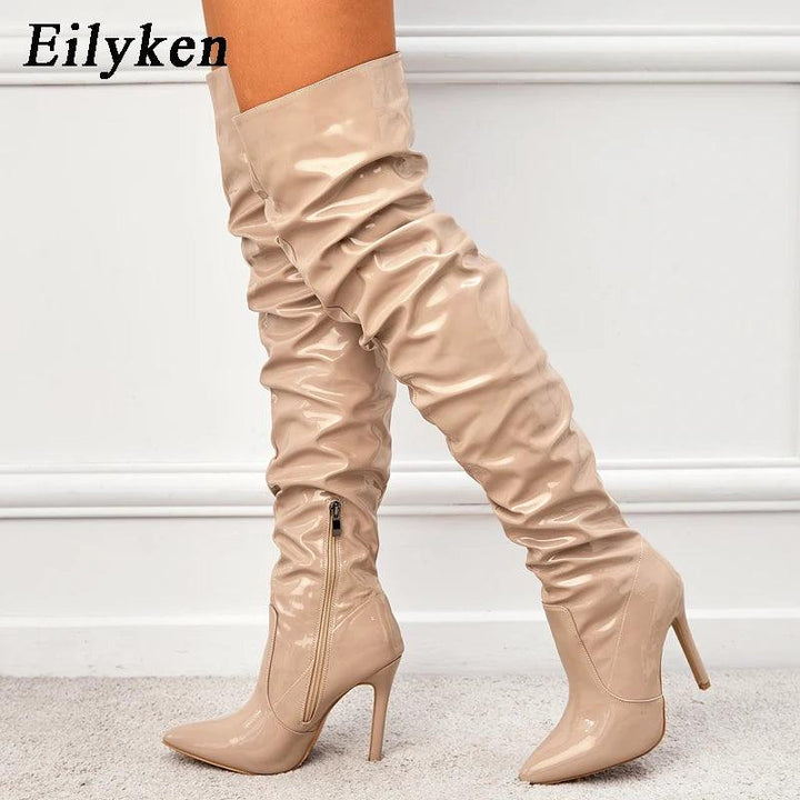 Eilyken Red Women Over The Knee Boots High Heels Patent Leather Solid Pointed Toe Stiletto Side Zipper Sapatos Femininos-THAT FASHION STORE