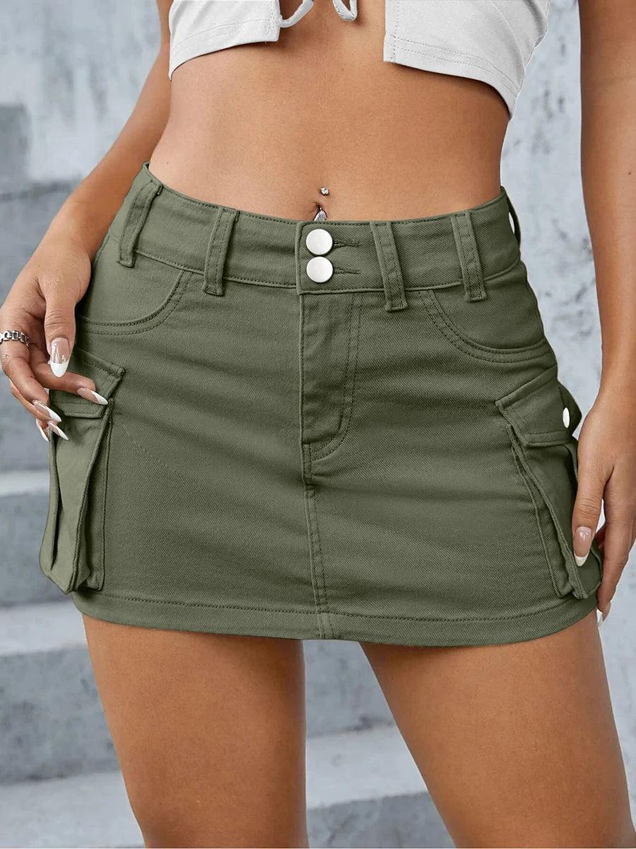 Women Y2k Mini Cargo Skirt 2000s Vintage Harajuku Low Waist Skirt Summer Slim Fit Solid Color Skirt with Pockets for Club-THAT FASHION STORE