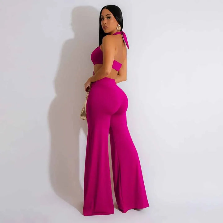 Jumpsuit Women 2024 Summer Fashion Solid Color Halter Cutout Waist Casual High Waist Sleeveless Daily Wide Leg Long Jumpsuit - THAT FASHION STORE