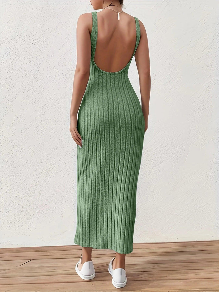 Solid Backless Tank Dress，Summer new sexy backless mid-length knitted sleeveless dress-THAT FASHION STORE