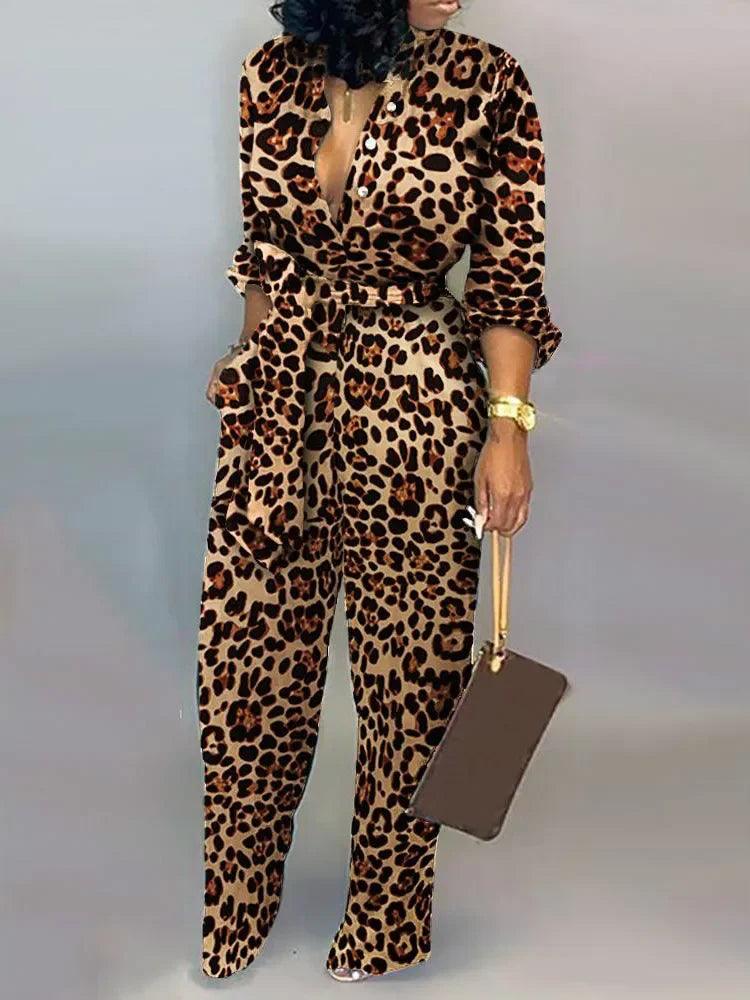 Leopard Tied Waist Long Sleeve Jumpsuit Women Rompers Fashion One Piece Overalls Casual Jumpsuits Streetwear Dropshipping-THAT FASHION STORE