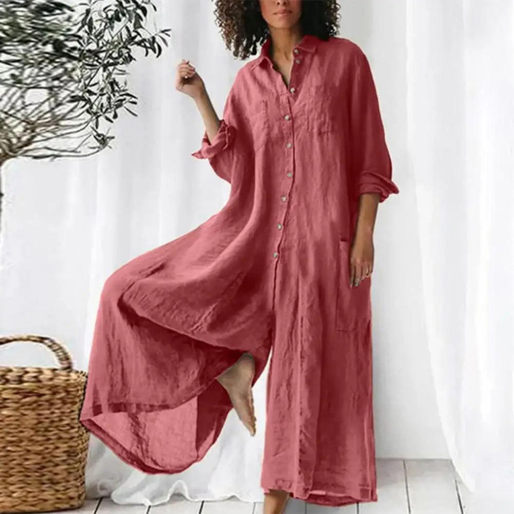 Cotton LinenWomen Jumpsuit Oversized Vintage Button Jumpsuit Summer Women Casual Beach Playsuit Wide Legs Pants Loose Romper-THAT FASHION STORE