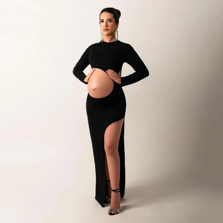 Stretchy Maternity Photo Shoot Dress Full Sleeve Slides Slit Pregnant Woman Long Dresses-THAT FASHION STORE