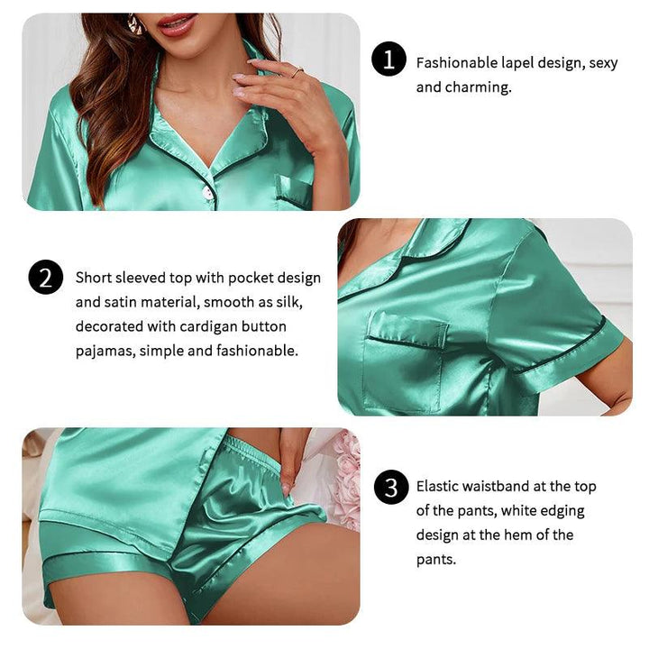 Women's Lapel Neck Sleepshirt Sleepwear Summer Satin Pajamas Set Casual Short Sleeve Buttons Top And Elastic Shorts Lounge Set-THAT FASHION STORE