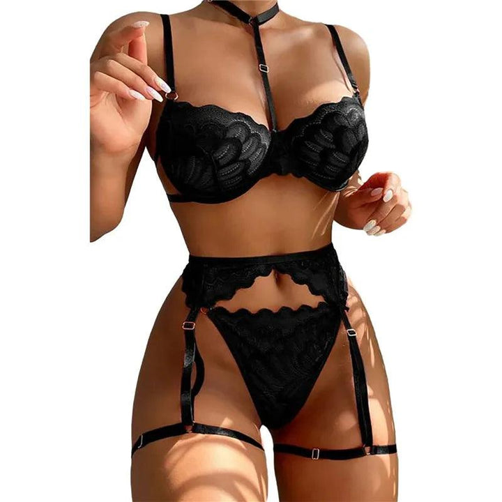 Women'S Sexy Lace Lingerie Set Teddy Lace Erotic Bikini 3pcs Bra And Panty Garters Sets See Through Babydoll Lingerie For Women-THAT FASHION STORE