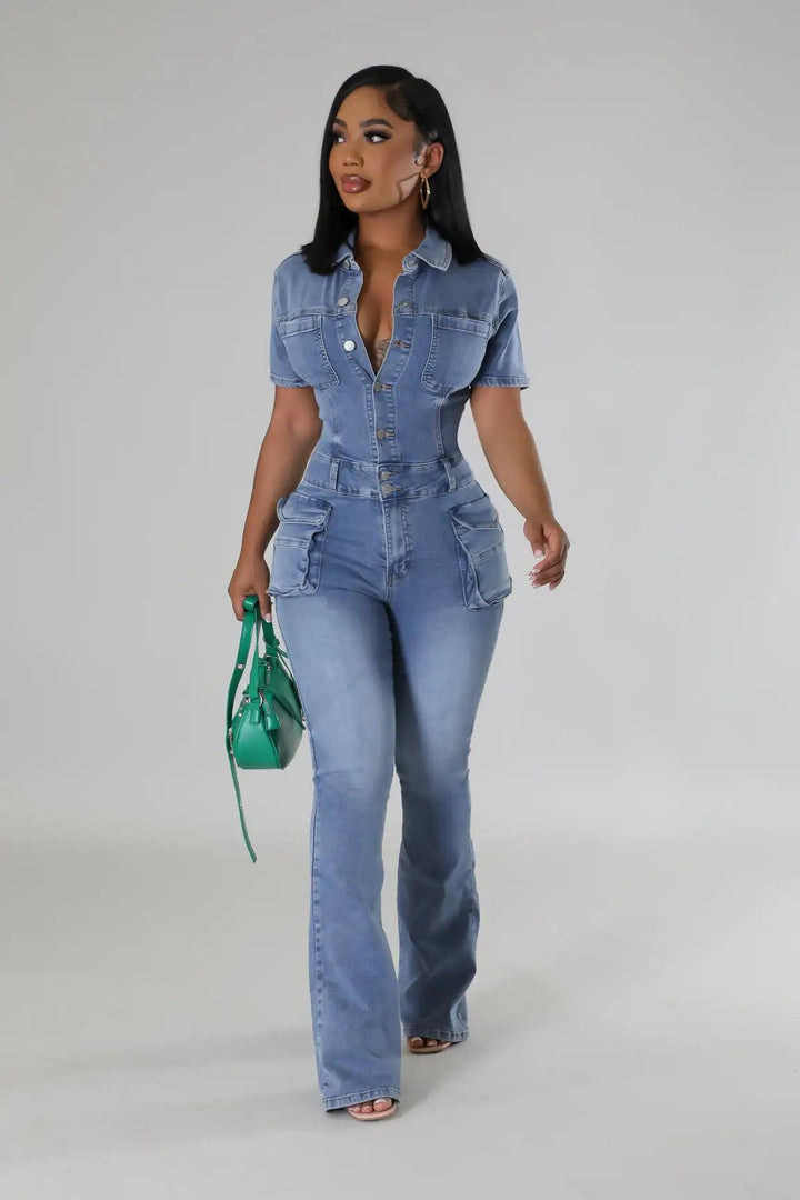 Multi Pockets Wide Leg Jeans Jumpsuit Sexy Women Turn Down Collar Elegant Denim Casual Romper Overalls-THAT FASHION STORE