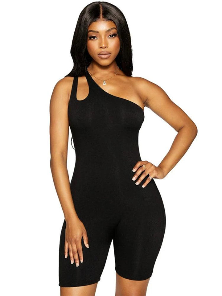 Hugcitar Cut Out One Shoulder Playsuit For Women Bodycon Skinny Sexy Streetwear Solid One Piece Rompers Outfits 2023 Summer-THAT FASHION STORE