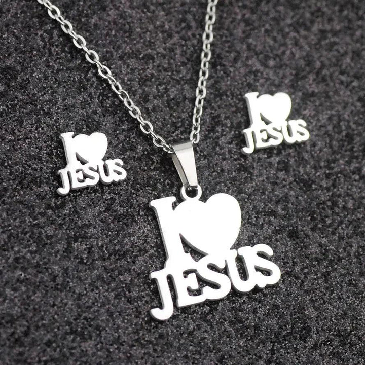 Fashion Stainless Steel Jesus Cross Men Charm Heart Letter Pendant Necklace Jewelry Set Chain Christian Symbol Jewelry Gifts-THAT FASHION STORE