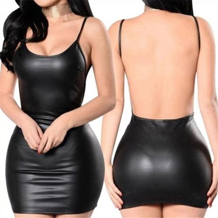 Sexy Faux Leather Dress Backless Club Party Short Dress Solid Black Wet Look Latex Bodycon Push Up Bra Mini Micro Dress-THAT FASHION STORE