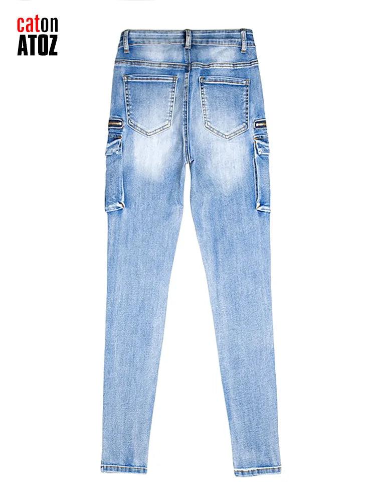 catonATOZ 2237 Women Spring 2023 Fashion Cargo Pants Summer Female Zipper Pocket Stretch Slim Jeans Skinny Denim Tousers-THAT FASHION STORE