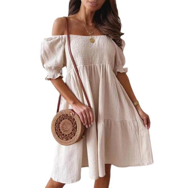 Women Sexy Dress Summer Ladies Beach Swing Off Shoulder Sundress Soild Casual Loose Pleated A-line Sun Dress-THAT FASHION STORE