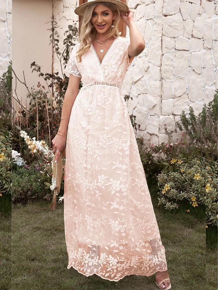 Embroidery Boho Long Dress Women Elegant Hollow Out Lace Holiday Beach Dress Female Fashion V Neck Short Sleeve Maxi Dress 2023-THAT FASHION STORE