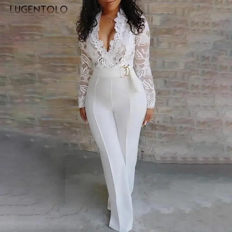 Women White Jumpsuit Lace Stitching Long Sleeve V-neck Large Size Wide Leg Pants Office Lady Jumpsuits for Woman Lugentolo-THAT FASHION STORE