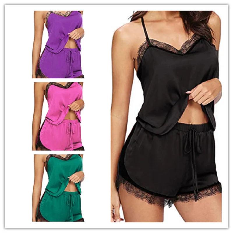 Fashion Women Pajama Suit V-Neck Stretch Satin Babydoll Lace Sexy Lingerie Bowknot Pyjamas Sleep Shorts Set Sleepwear-THAT FASHION STORE