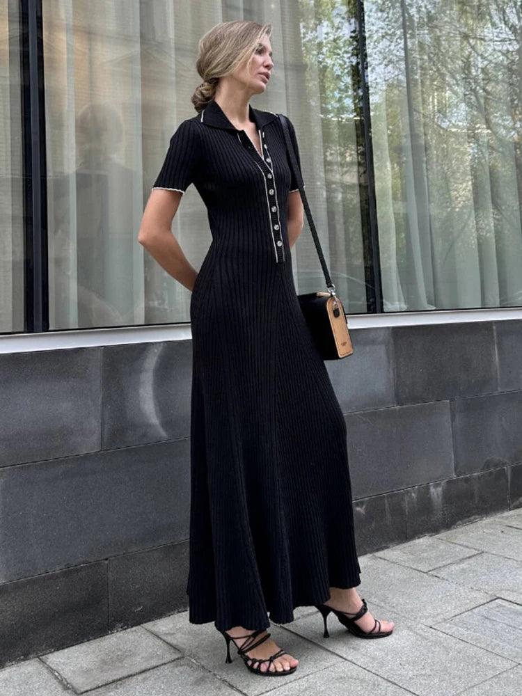 Elegant V Neck Denim Patchwork Knitted Long Dress Women Fashion Short Sleeved Buttons Bodycon Dresses Office Lady Pockets Robes-THAT FASHION STORE